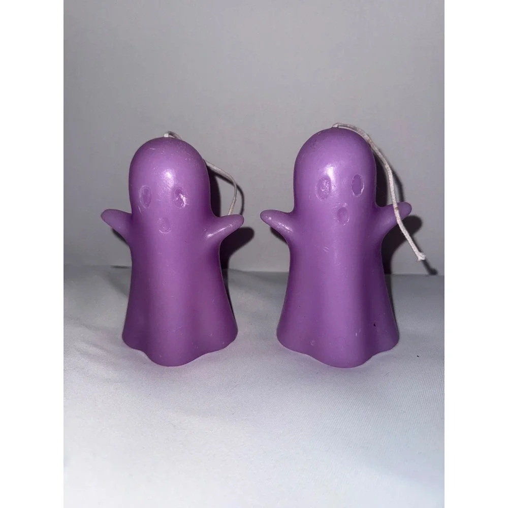 Purple Ghost Candles Set of 2 Halloween Spooky Decor Unscented Wax Pillars 3in
